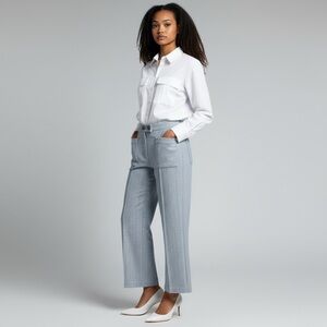 Zara Womens Large Metallic Blue & White Textured Knit Dress Pants Silver Buttons